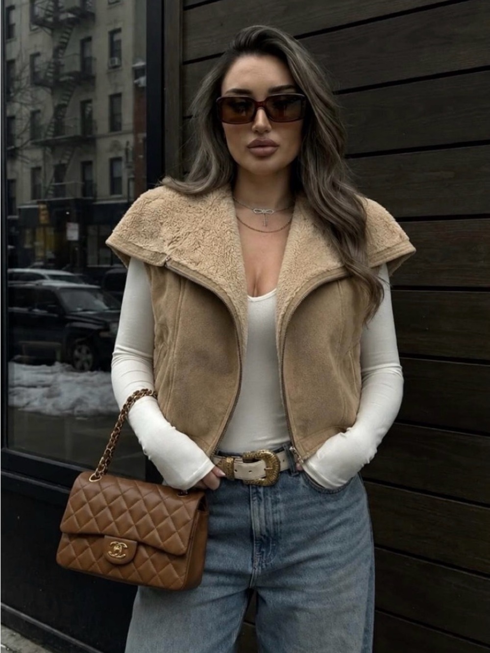 Olive & Oak Tan Sherpa-Lined Suede Vest
